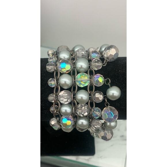 Chicos Multi Layer Faux Gray Pearls And AB Crystal Statement Beaded Bracelet - Picture 3 of 6